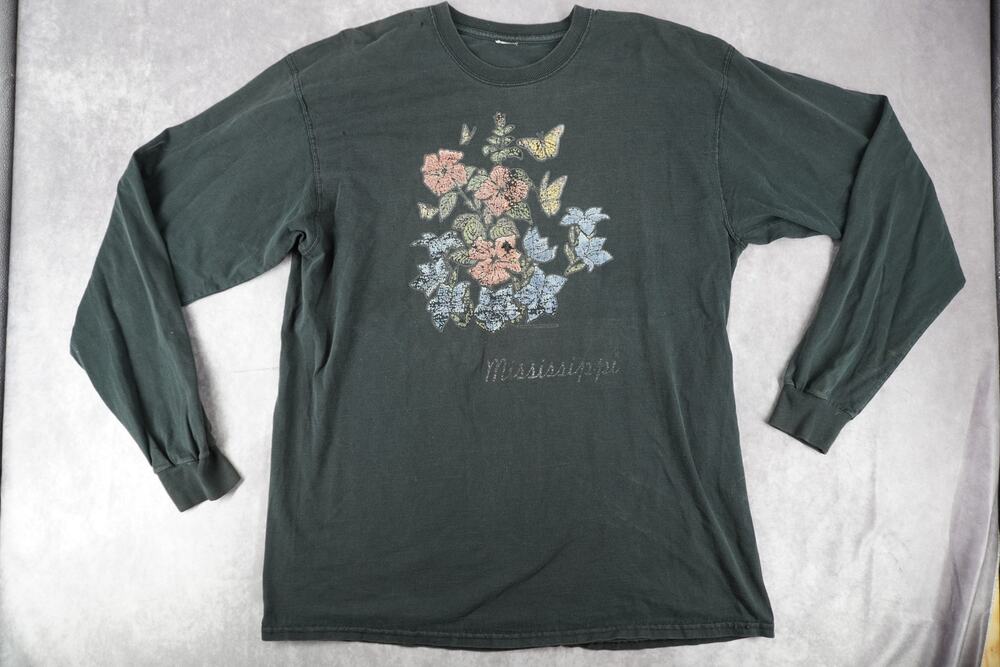 Mississippi Floral Butterfly Long Sleeve Graphic T-Shirt XL Cottagecore Grunge